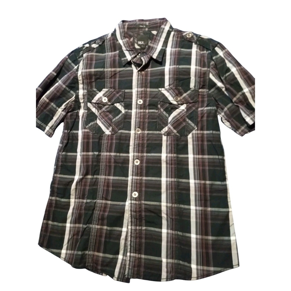 Buckle BKE Shirt Mens Large Slim Fit Stretch Multi Color Plaid Short Sleeve